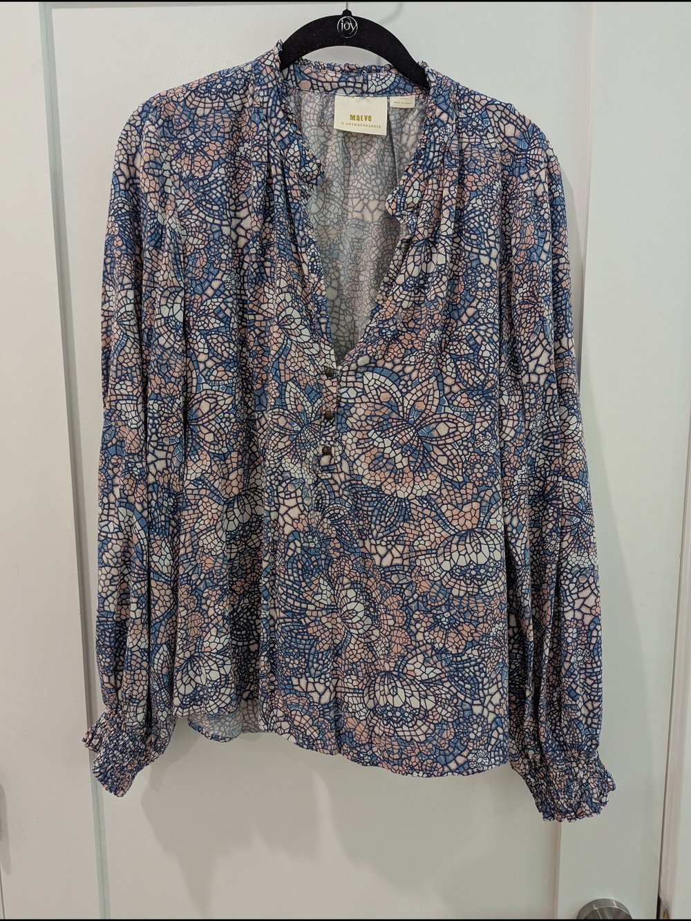 Maeve for Anthropologie Blue and Pink Boho V-Neck Blouse